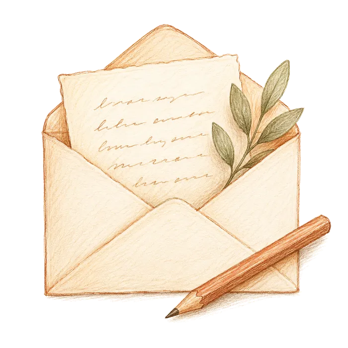 An open envelope with a hand-written letter and a green sprig