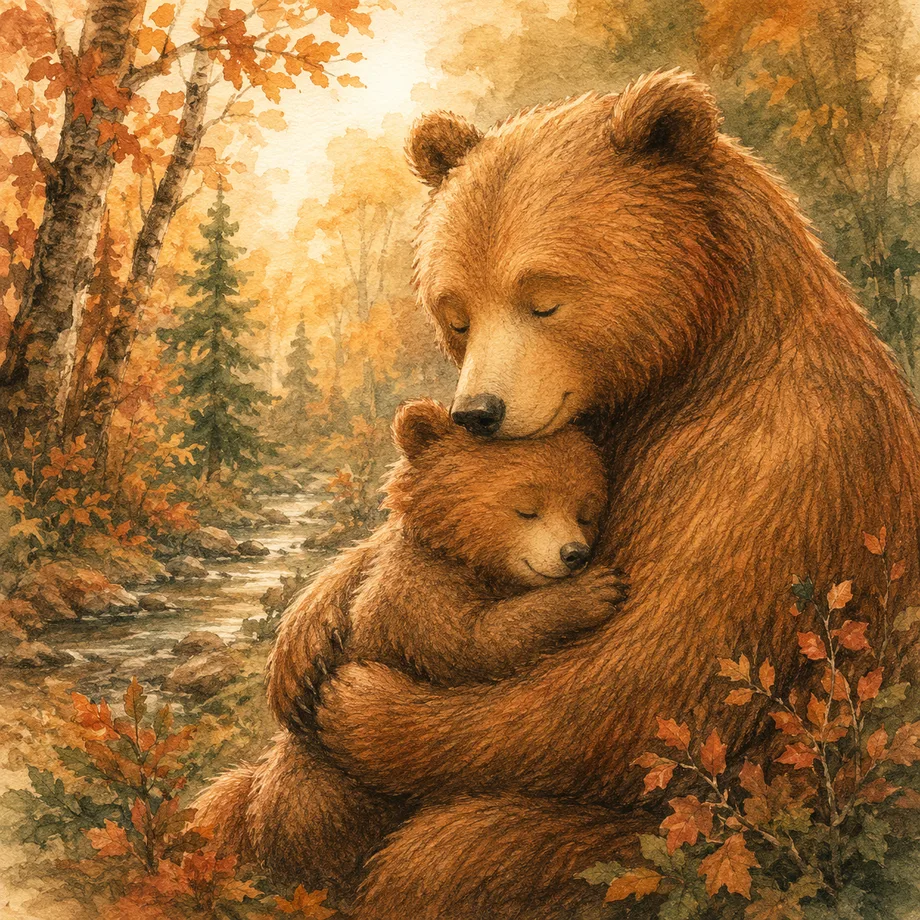A mother bear embracing her cub, illustrating compassion