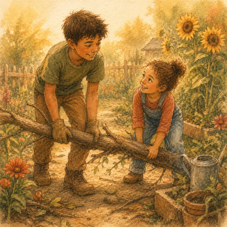 Two children working together to lift a fallen branch, illustrating cooperation