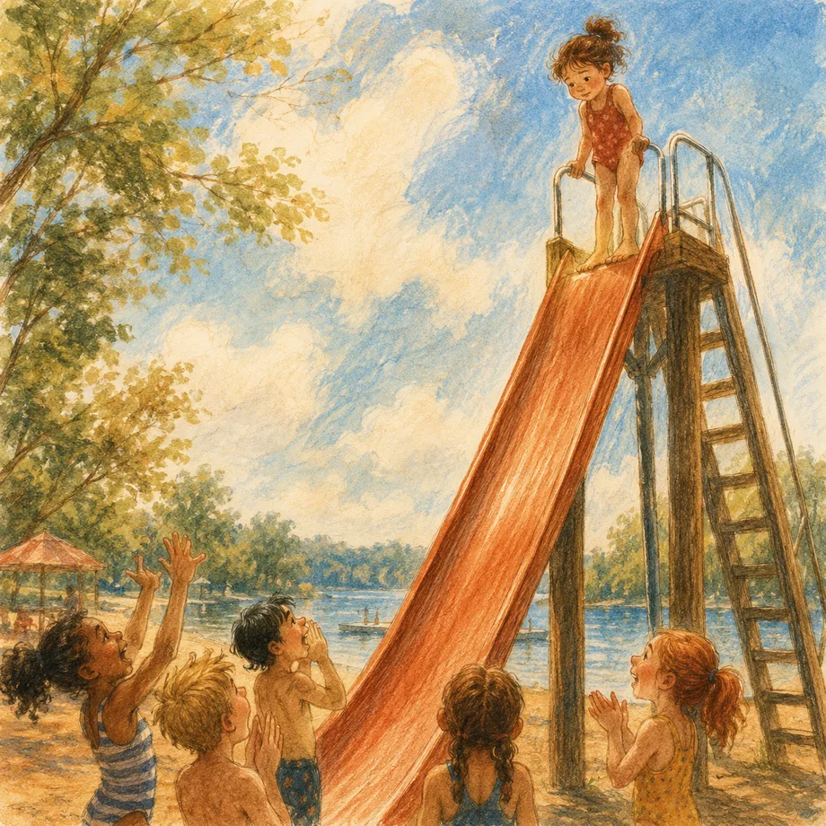 A child standing bravely atop a tall slide, illustrating courage