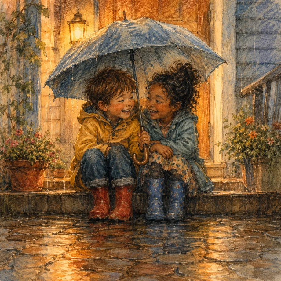 Two children sharing an umbrella in the rain, illustrating friendship