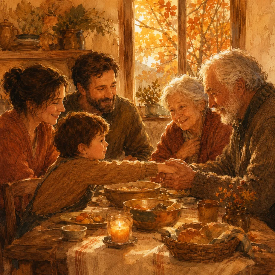 A family gathered warmly around a dinner table, illustrating gratitude