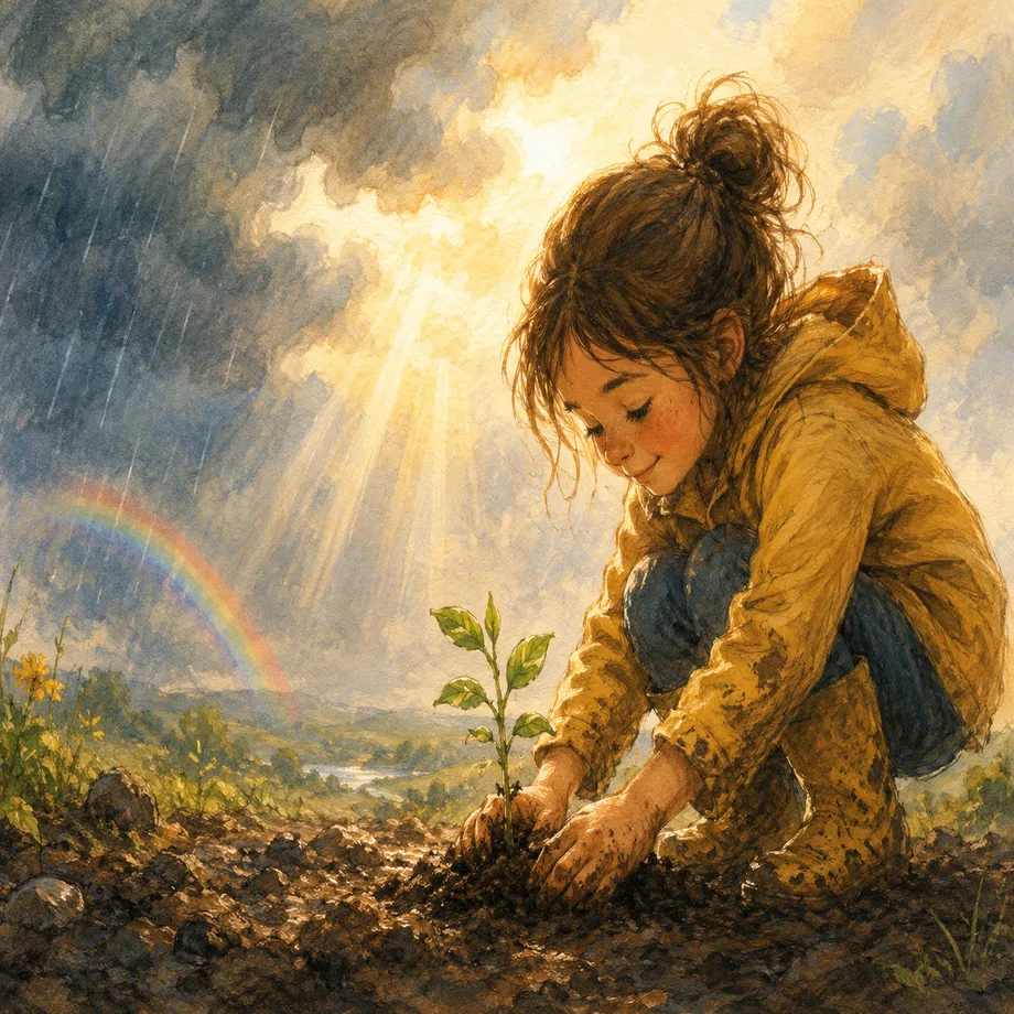 A child planting a seedling under a rainbow, illustrating hope