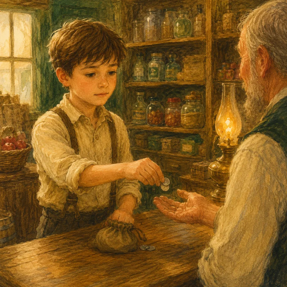 A boy returning extra coins to a shopkeeper, illustrating integrity