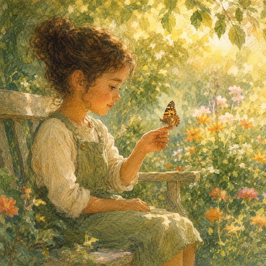 A child patiently waiting as a butterfly lands on their finger, illustrating patience