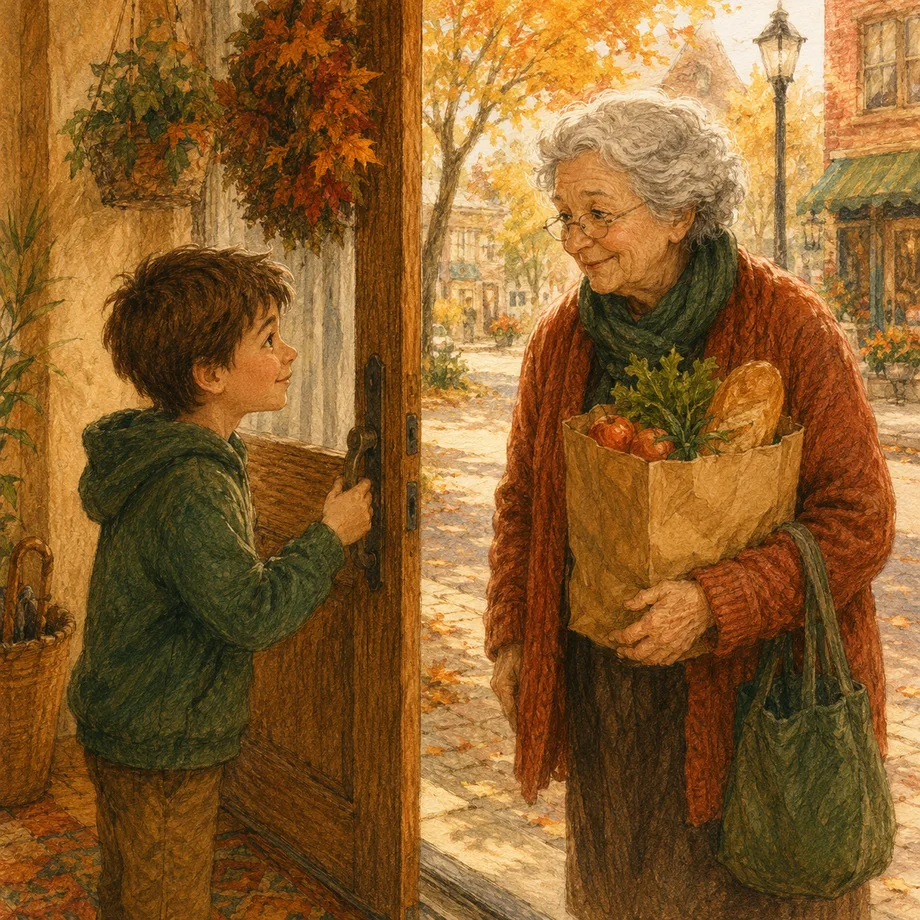 A boy holding the door open for an elderly woman, illustrating respect