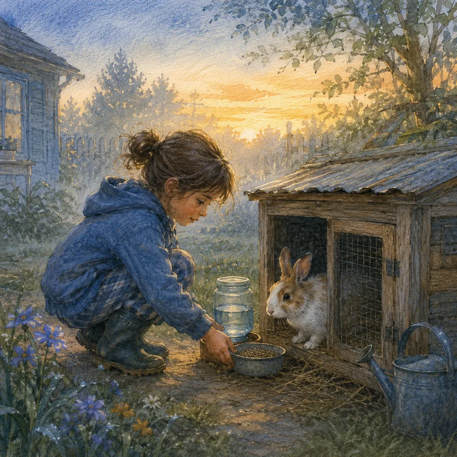 A child caring for a pet rabbit at dawn, illustrating responsibility