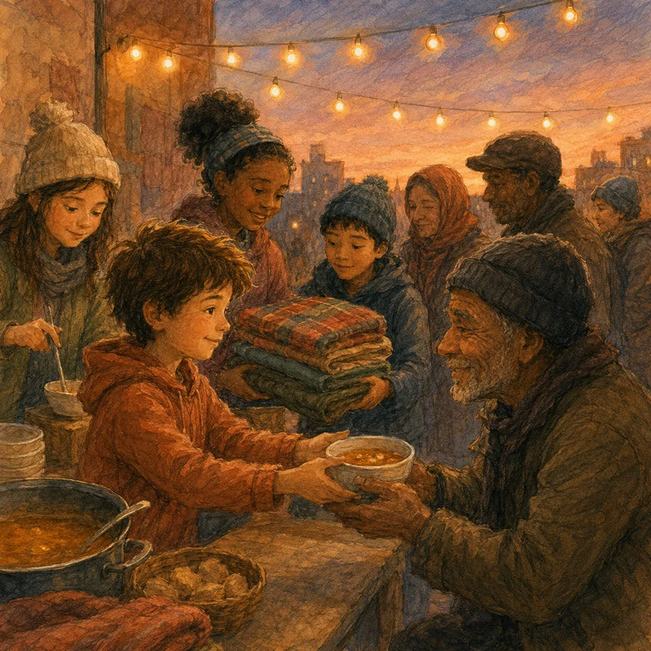 Children handing out food and blankets at a community shelter, illustrating service