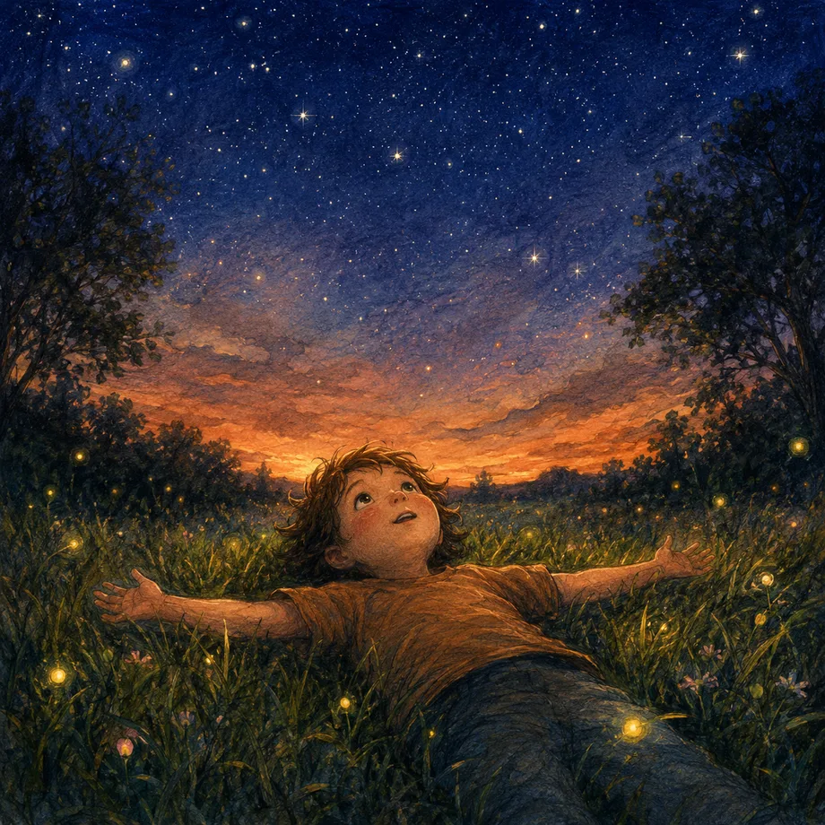 A child gazing up at a starry night sky, illustrating wonder